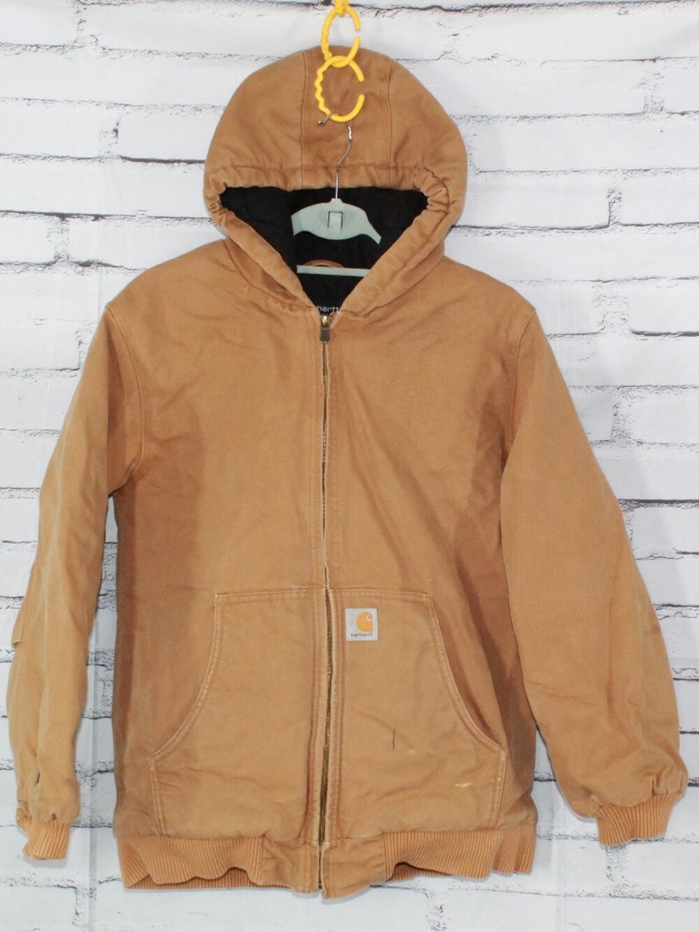 Carhartt Jacket Youth Brown Canvas Full Zip Hooded Quilted Lined XL  (18-20)